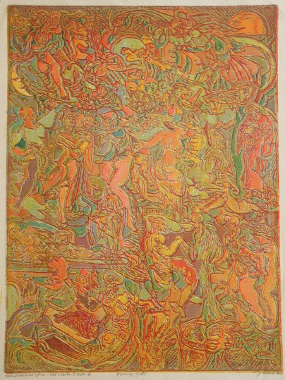 Mumraj ivota, 1949, barevn rytina, Regionln muzeum a galerie v Jin