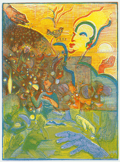 Dithyramb svt, ilustrace ke sbrce Otokara Beziny, barevn devoryt, Ruce, 1943, Regionln muzeum a galerie v Jin
