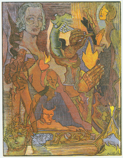 Vedra, ilustrace ke sbrce Otokara Beziny, barevn devoryt, Ruce, 1943, Regionln muzeum a galerie v Jin