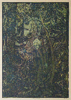 Mrtv z pralesa, barevn devoryt, ilustrace k autorsk knize umava umrajc a romantick, 1931, Regionln muzeum a galerie v Jin