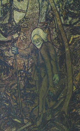 Mrtv z pralesa (detail), barevn devoryt, ilustrace k autorsk knize umava umrajc a romantick, 1931, Regionln muzeum a galerie v Jin