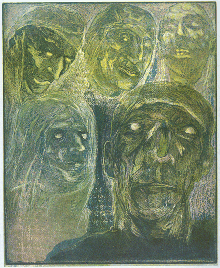 smvy mrtvch, 1934, barevn devoryt, Regionln muzeum a galerie v Jin